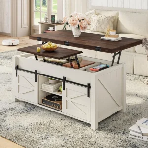 Lift Top Coffee Table for Living Room with 4 Sliding Barn Doors, 4 in 1 Farmhouse Coffee Table with Adjustable Shelves